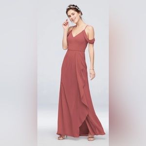 Cascading off-the-shoulder bridesmaids dress